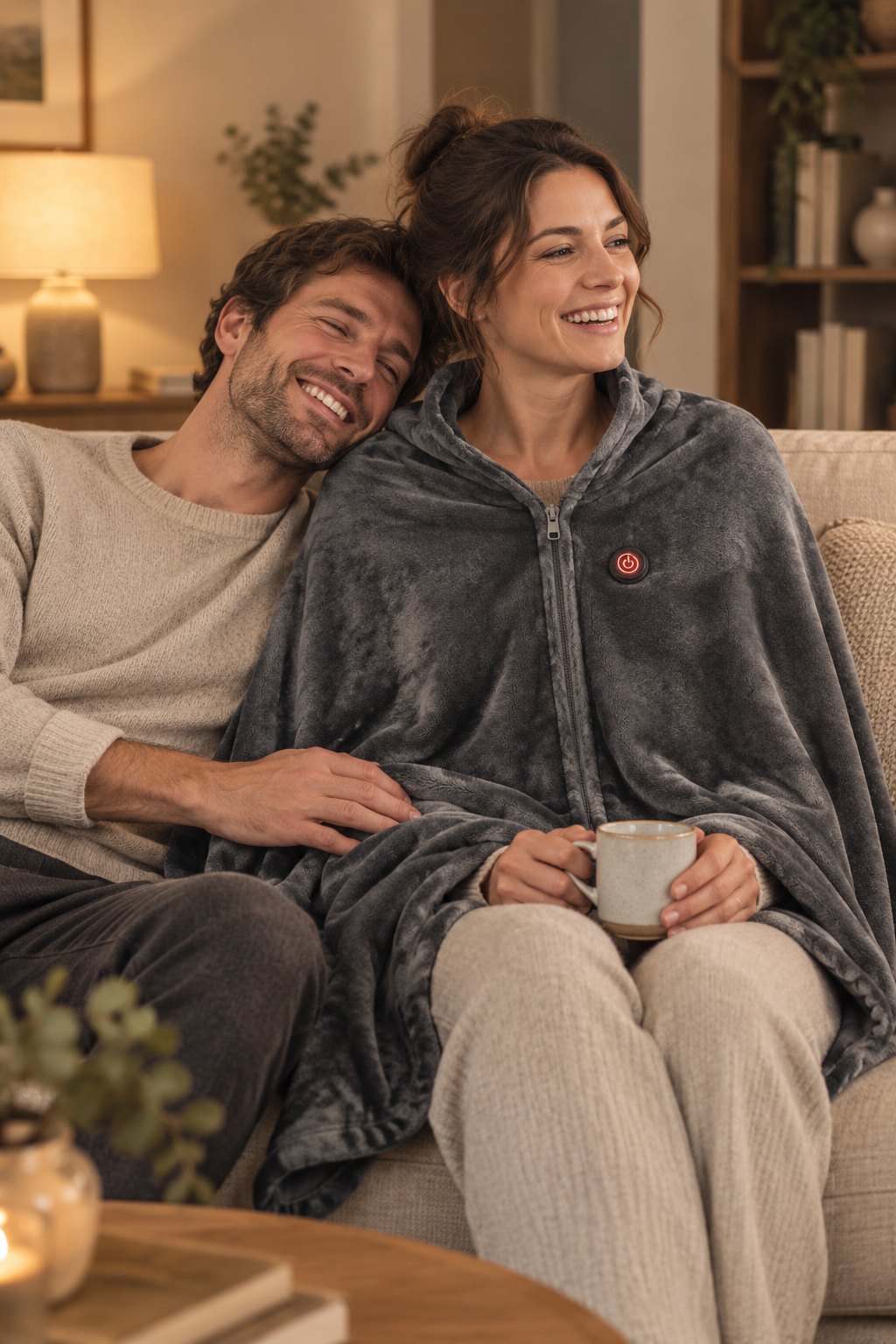Couple sur un canapé, la femme porte le plaid chauffant Calora
