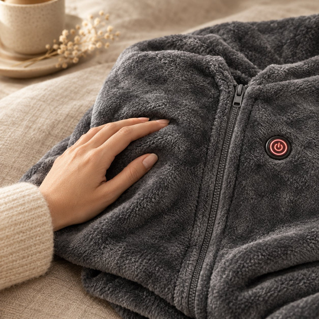 Main posée sur la flanelle douce gris anthracite du plaid chauffant Calora