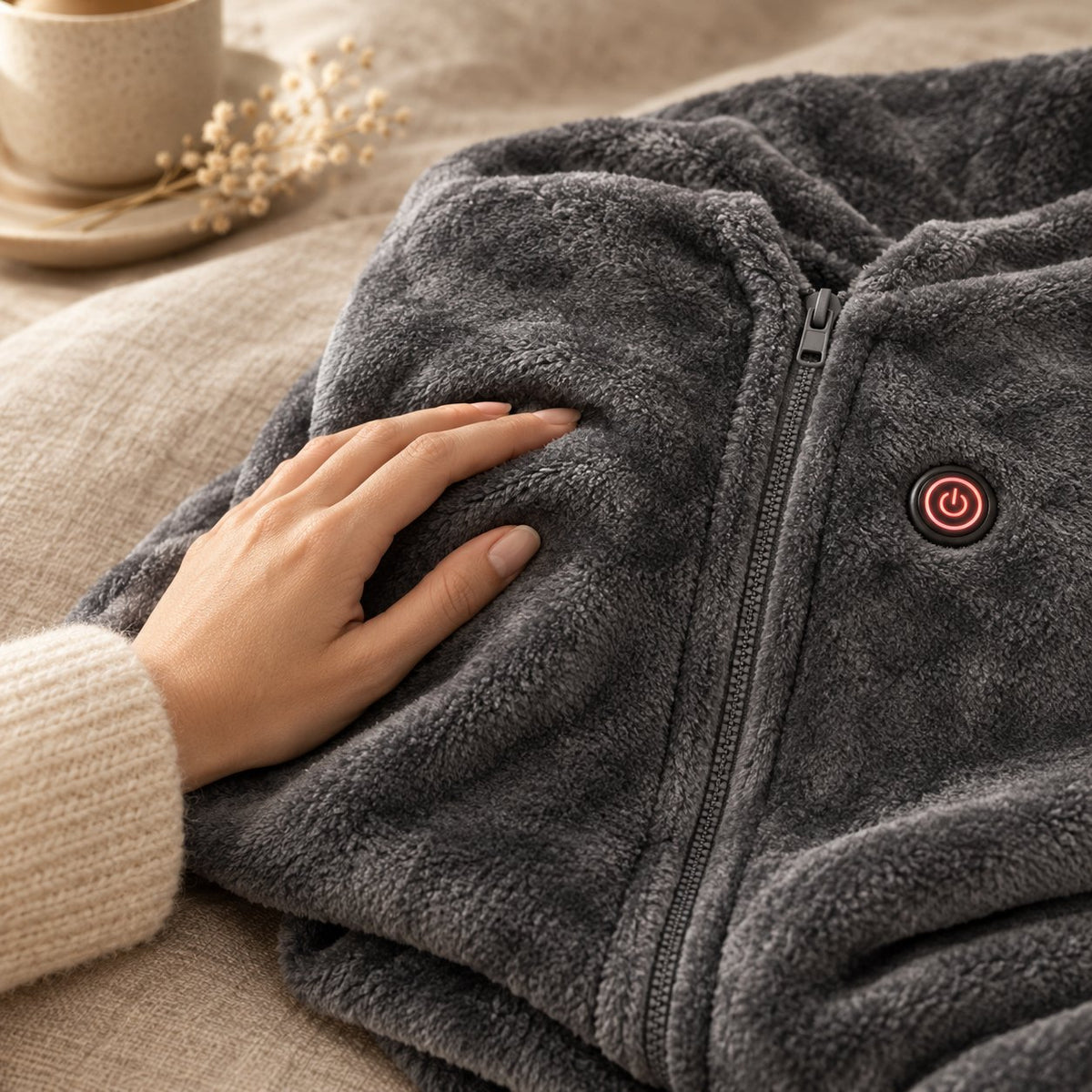 Main posée sur la flanelle douce gris anthracite du plaid chauffant Calora