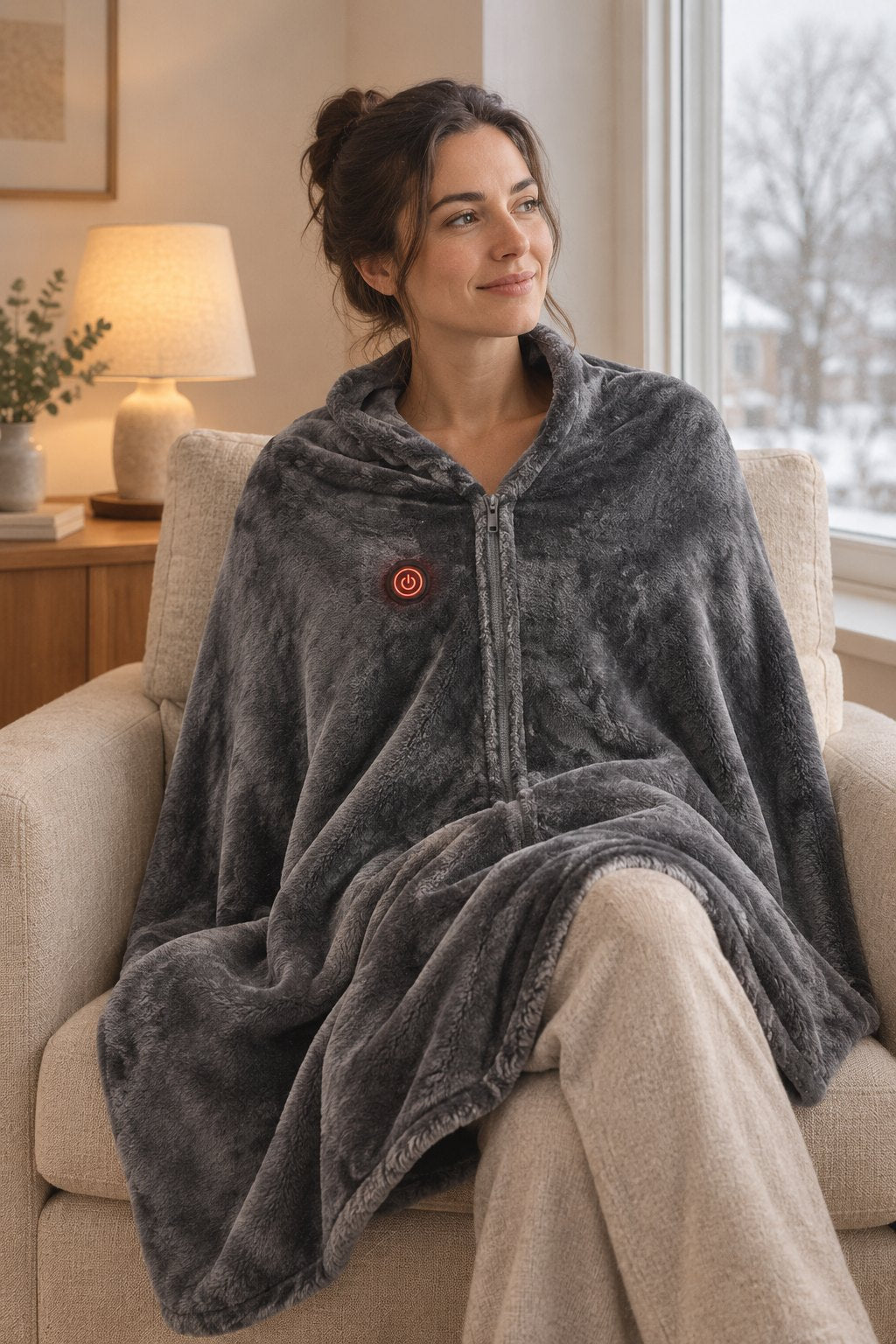 Femme assise dans un fauteuil près d'une fenêtre d'hiver, enveloppée dans le plaid chauffant portable Calora
