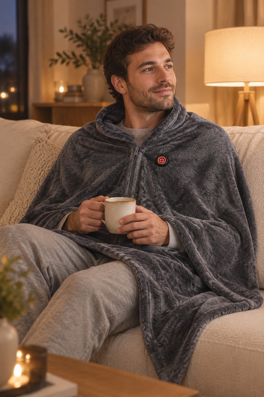 Homme sur un canapé le soir, enveloppé dans le plaid chauffant Calora porté comme une cape